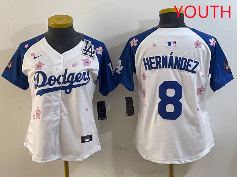 Youth Los Angeles Dodgers #8 Hernandez White Blue Sakura Edition 2025 Nike MLB Jersey style 5->youth mlb jersey->Youth Jersey